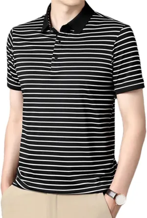 Men's Striped Cotton T-Shirt Business Casual Polo Shirt Short Sleeved Breathable Quick-Dry Tee Tops