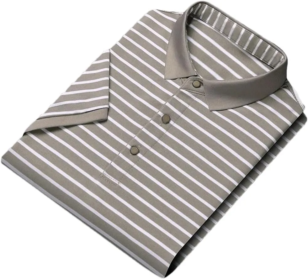 Men's Striped Cotton T-Shirt Business Casual Polo Shirt Short Sleeved Breathable Quick-Dry Tee Tops