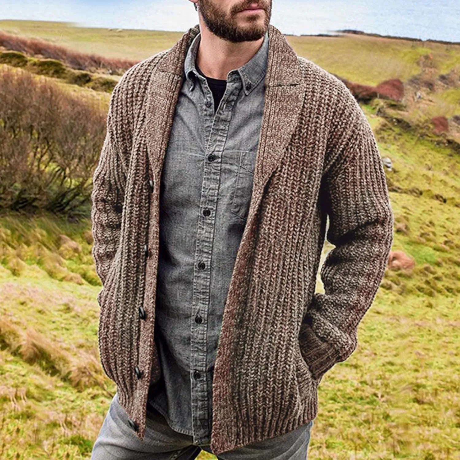 Mens Sweater Cardigan Casual Long Sleeve Shawl Collar Buttons Down Cable Knit Cardigan Sweater, XXL-5XL