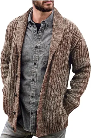 Mens Sweater Cardigan Casual Long Sleeve Shawl Collar Buttons Down Cable Knit Cardigan Sweater, XXL-5XL