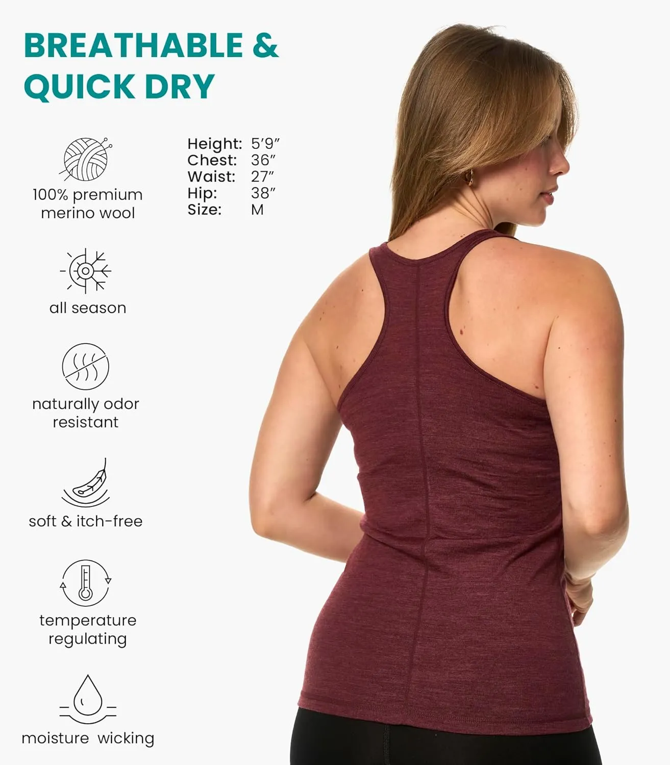 Merino Wool Tank Top Women - Active Merino Wool Undershirt Moisture Wicking Breathable Anti-Odor Lightweight Base Layer