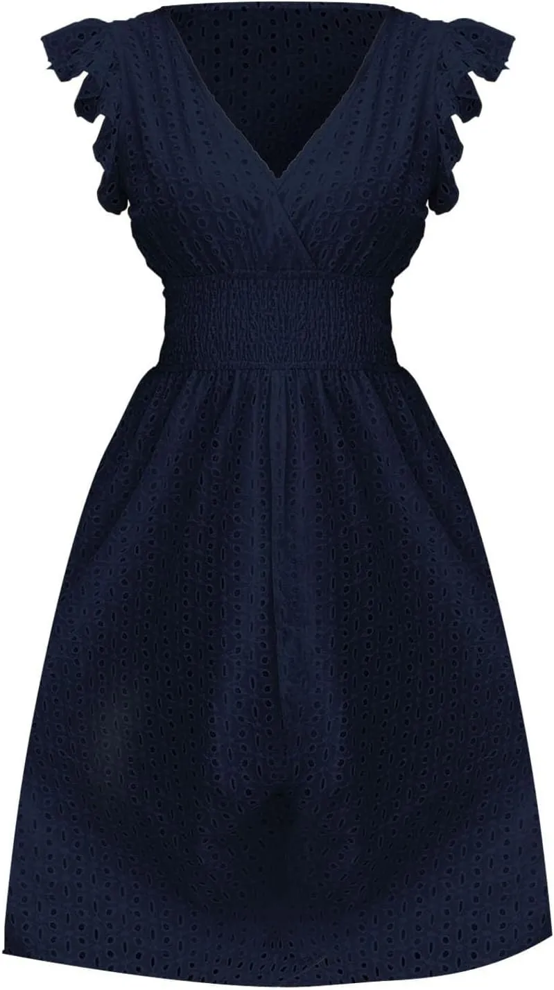 Midi Dresses for Women 2025 Wrap V Neck Lace Ruffle Sleeve Boho Dress Empire Waist Swing Flowy Beach Casual Dresses