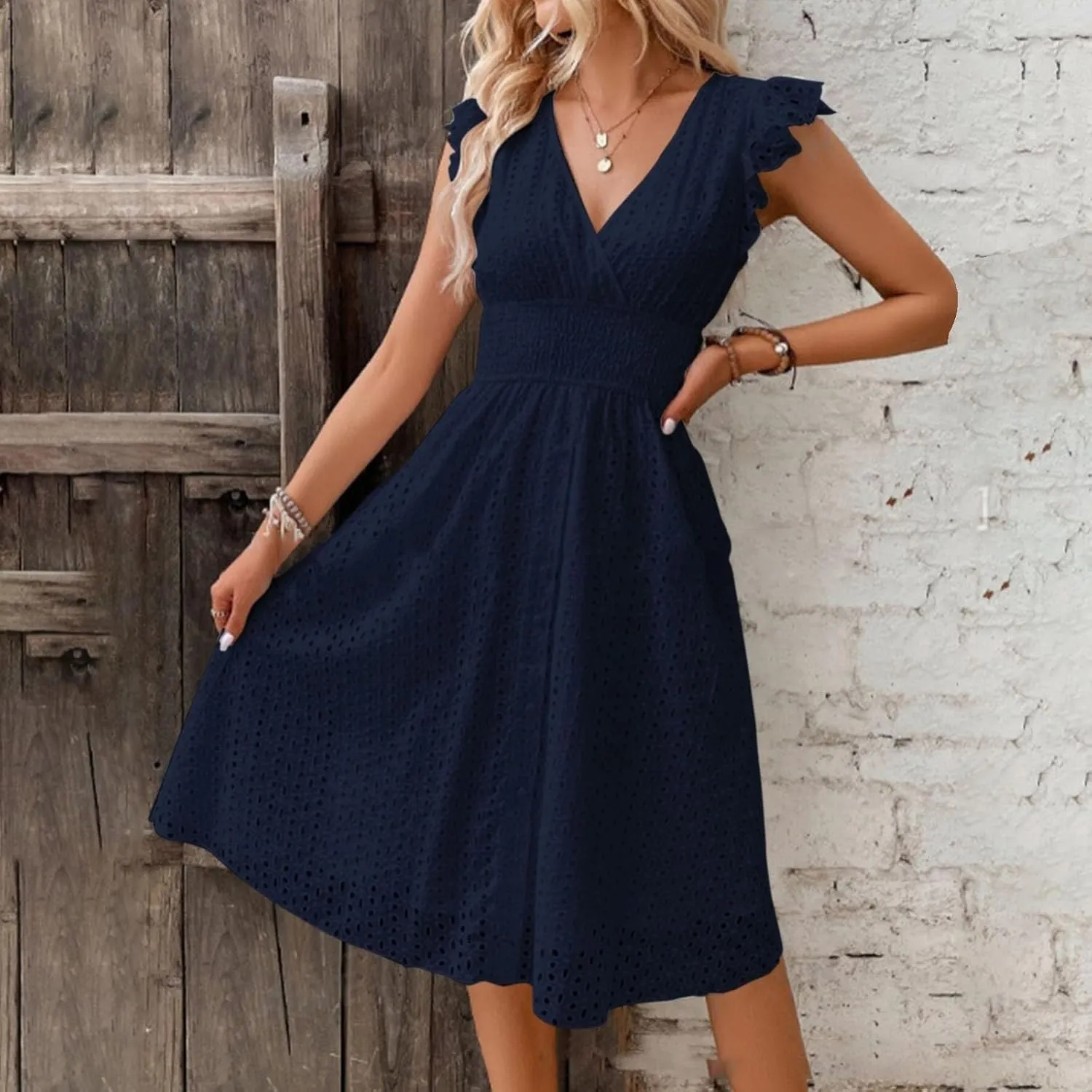 Midi Dresses for Women 2025 Wrap V Neck Lace Ruffle Sleeve Boho Dress Empire Waist Swing Flowy Beach Casual Dresses
