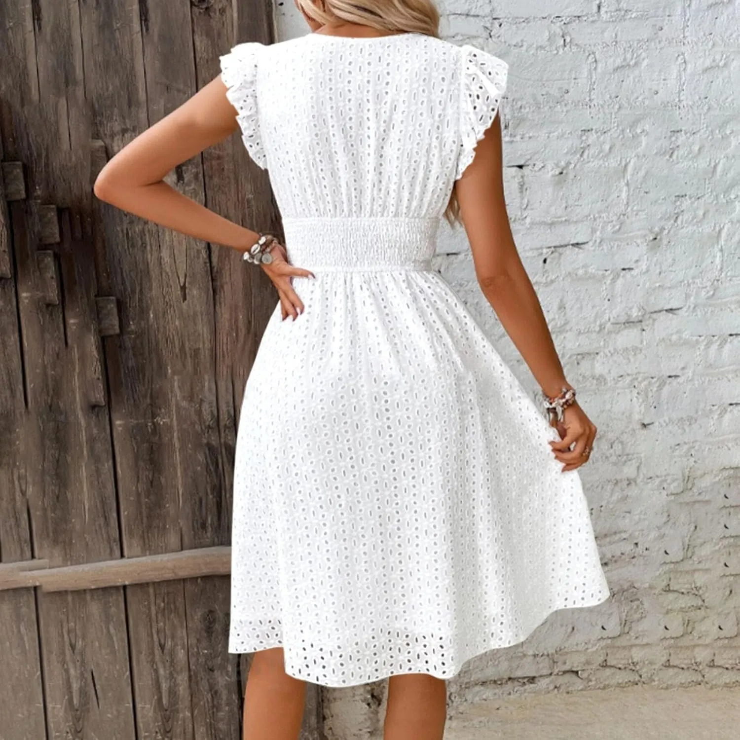 Midi Dresses for Women 2025 Wrap V Neck Lace Ruffle Sleeve Boho Dress Empire Waist Swing Flowy Beach Casual Dresses