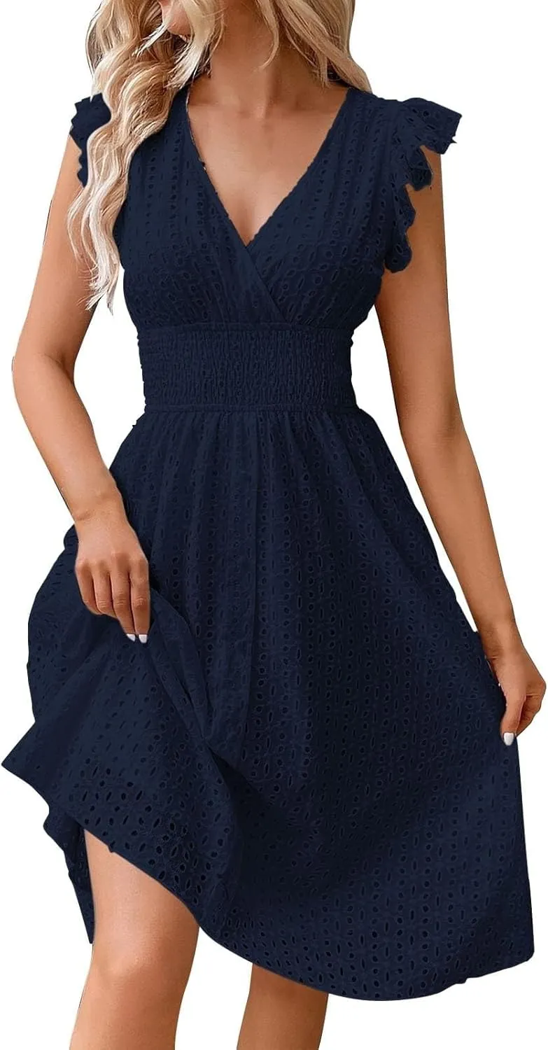 Midi Dresses for Women 2025 Wrap V Neck Lace Ruffle Sleeve Boho Dress Empire Waist Swing Flowy Beach Casual Dresses