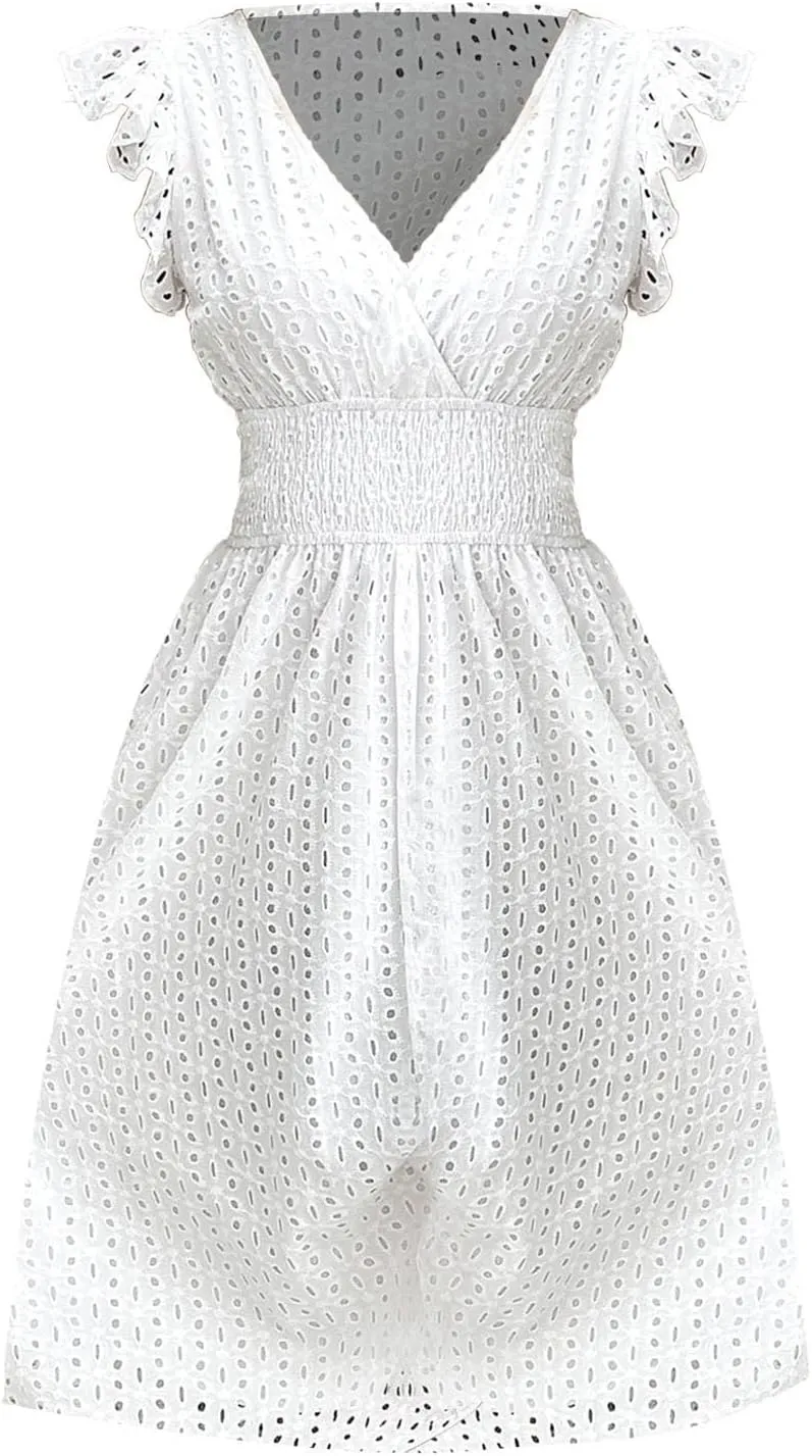 Midi Dresses for Women 2025 Wrap V Neck Lace Ruffle Sleeve Boho Dress Empire Waist Swing Flowy Beach Casual Dresses