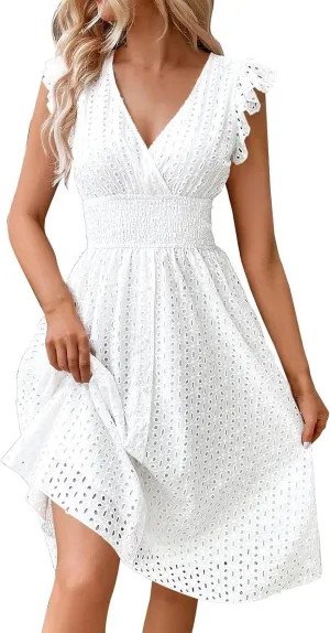 Midi Dresses for Women 2025 Wrap V Neck Lace Ruffle Sleeve Boho Dress Empire Waist Swing Flowy Beach Casual Dresses