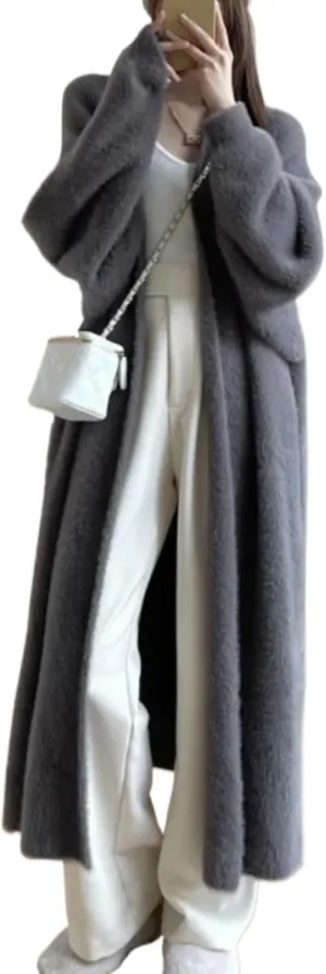 MOLERFO Long Fuzzy Cardigan Hooded Soft Cozy Warm Trendy Oversized Open Front Mohair Sweaters Women Coquette Loungewear