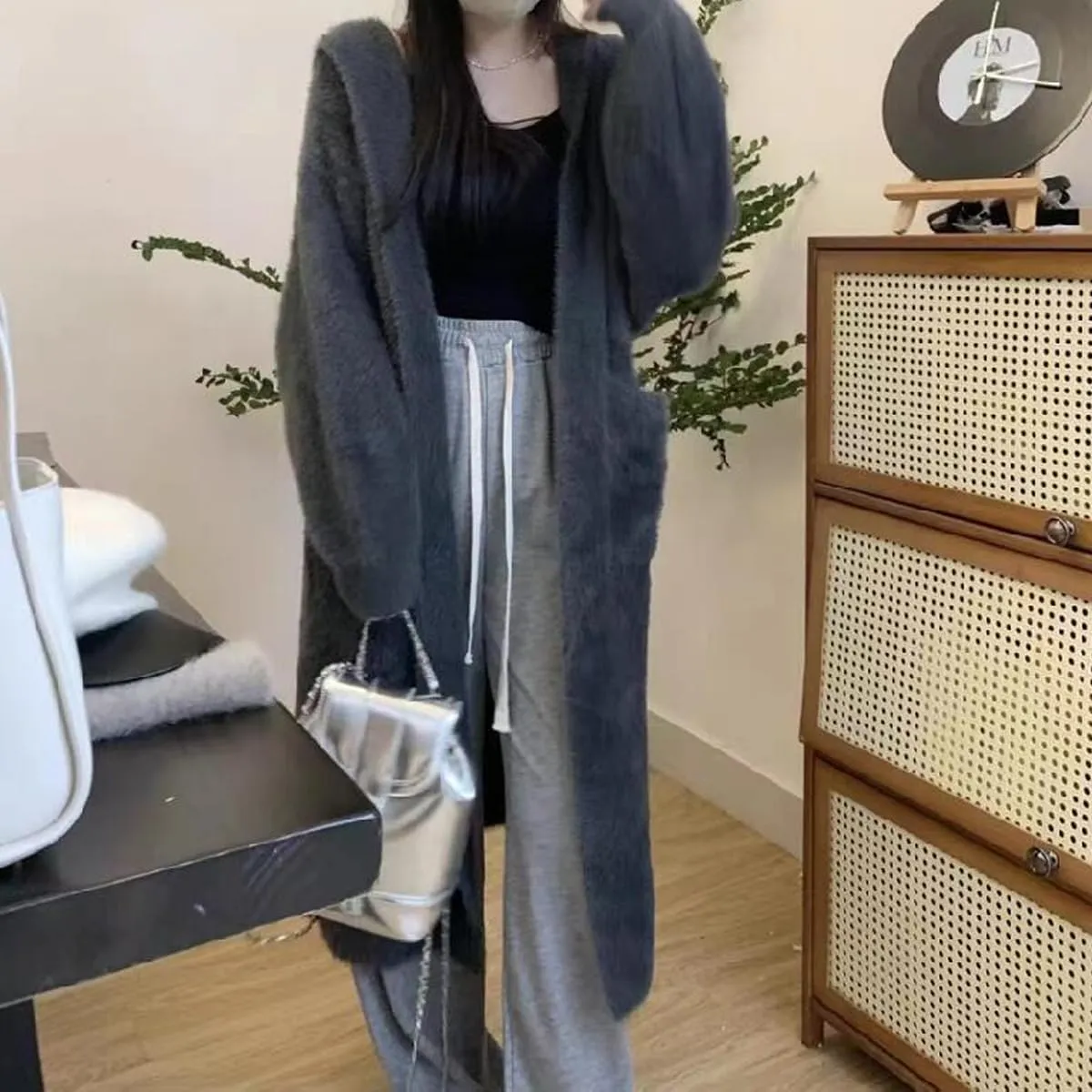 MOLERFO Long Fuzzy Cardigan Hooded Soft Cozy Warm Trendy Oversized Open Front Mohair Sweaters Women Coquette Loungewear