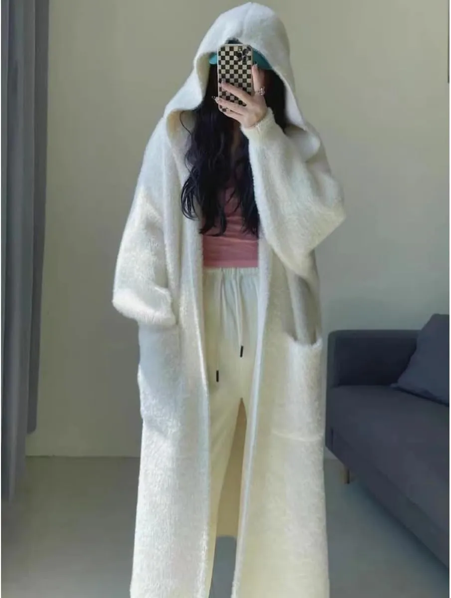 MOLERFO Long Fuzzy Cardigan Hooded Soft Cozy Warm Trendy Oversized Open Front Mohair Sweaters Women Coquette Loungewear