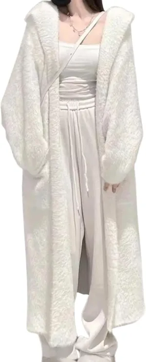 MOLERFO Long Fuzzy Cardigan Hooded Soft Cozy Warm Trendy Oversized Open Front Mohair Sweaters Women Coquette Loungewear