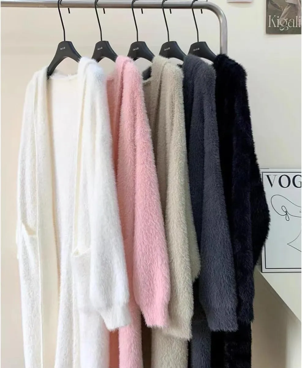 MOLERFO Long Fuzzy Cardigan Hooded Soft Cozy Warm Trendy Oversized Open Front Mohair Sweaters Women Coquette Loungewear