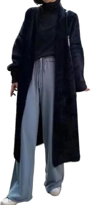 MOLERFO Long Fuzzy Cardigan Hooded Soft Cozy Warm Trendy Oversized Open Front Mohair Sweaters Women Coquette Loungewear