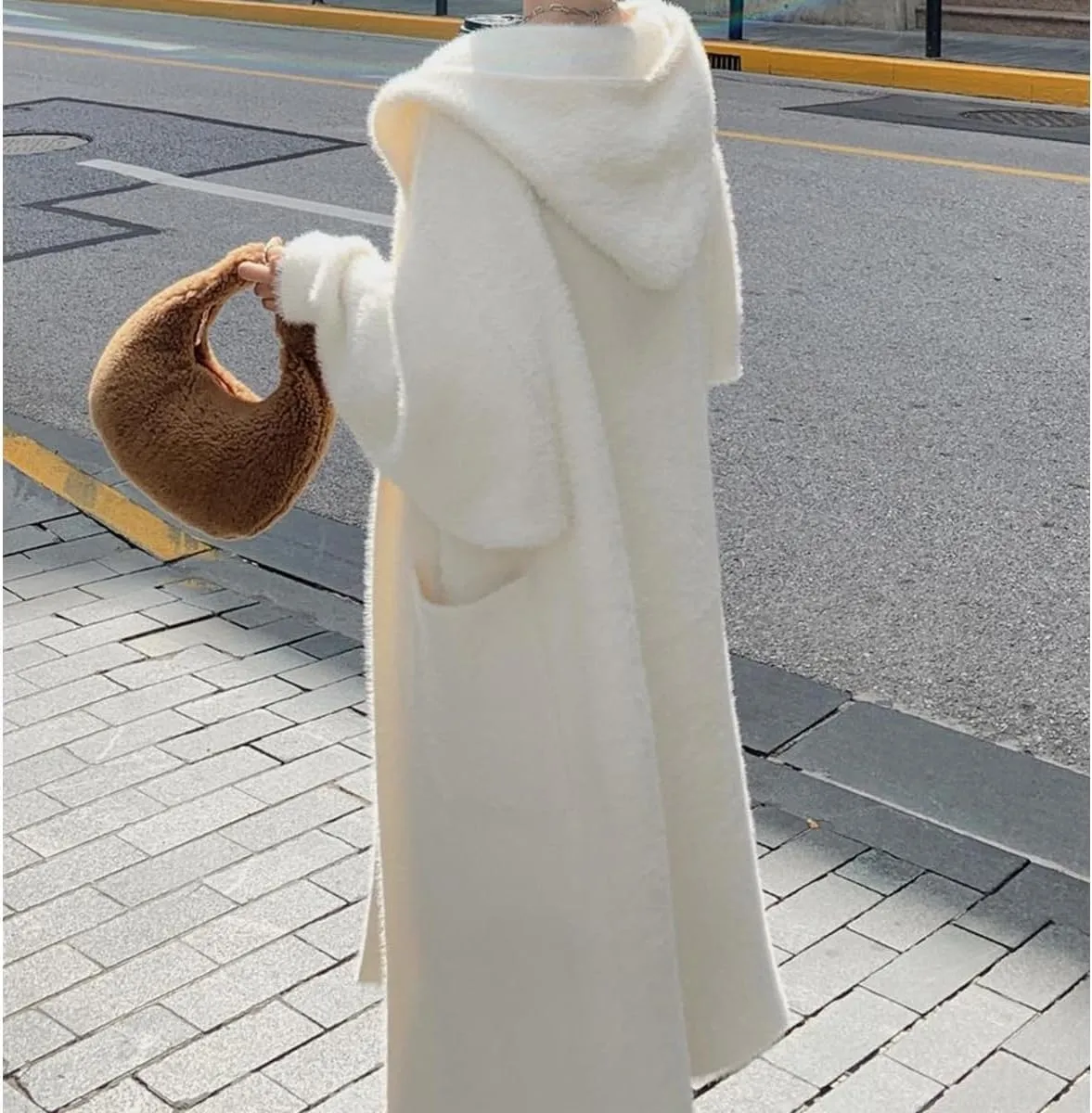 MOLERFO Long Fuzzy Cardigan Hooded Soft Cozy Warm Trendy Oversized Open Front Mohair Sweaters Women Coquette Loungewear