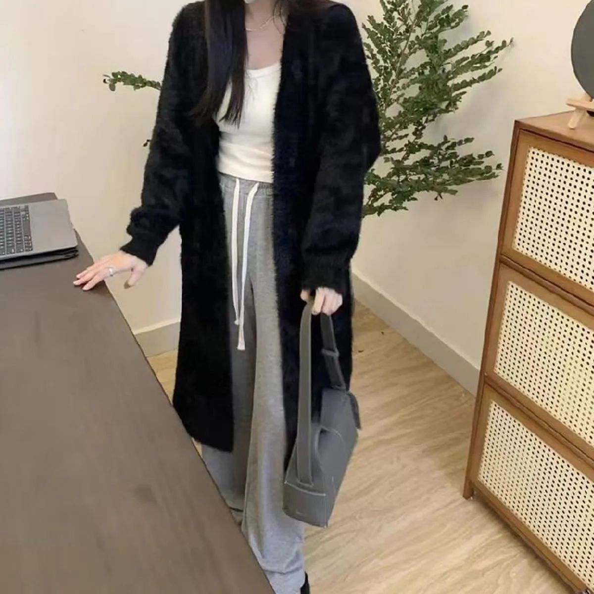 MOLERFO Long Fuzzy Cardigan Hooded Soft Cozy Warm Trendy Oversized Open Front Mohair Sweaters Women Coquette Loungewear