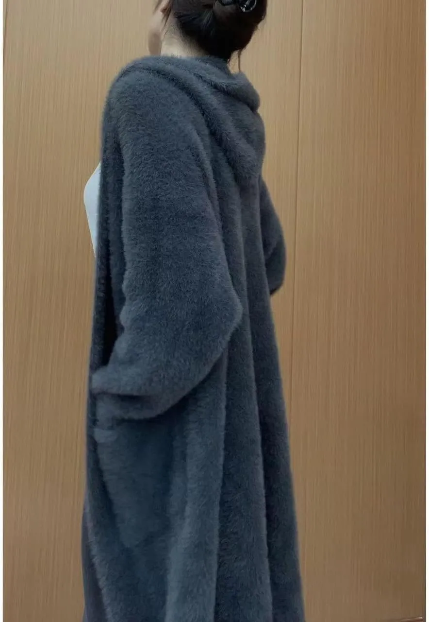 MOLERFO Long Fuzzy Cardigan Hooded Soft Cozy Warm Trendy Oversized Open Front Mohair Sweaters Women Coquette Loungewear