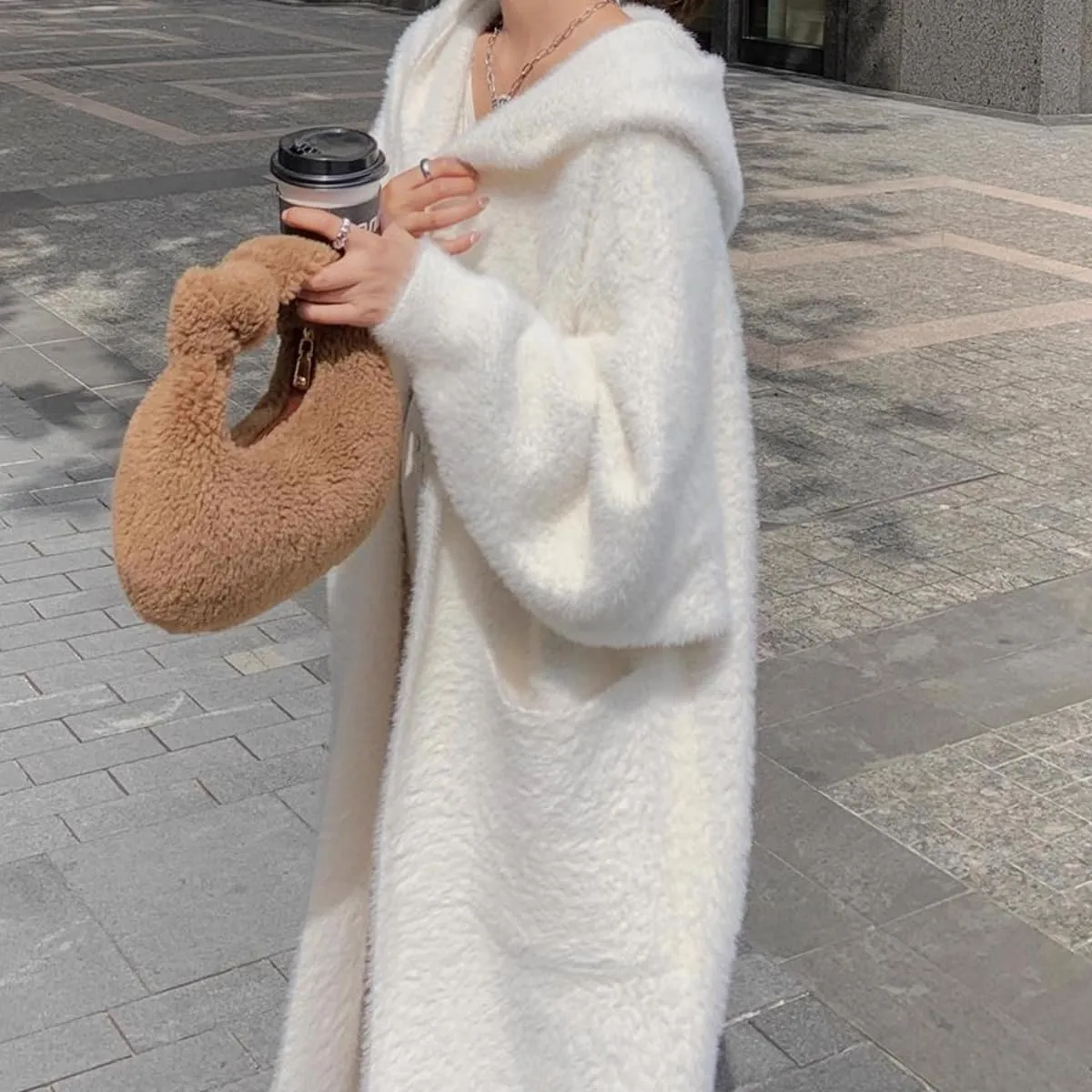 MOLERFO Long Fuzzy Cardigan Hooded Soft Cozy Warm Trendy Oversized Open Front Mohair Sweaters Women Coquette Loungewear