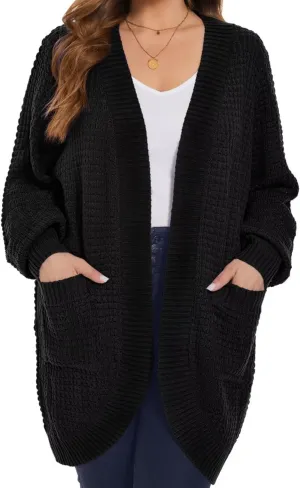 MONNURO Womens Plus Size Open Front Cardigan Waffle Knit Long Sleeve Sweaters Tops 2025 Fall Coat Outerwear with Pockets