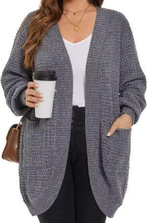 MONNURO Womens Plus Size Open Front Cardigan Waffle Knit Long Sleeve Sweaters Tops 2025 Fall Coat Outerwear with Pockets