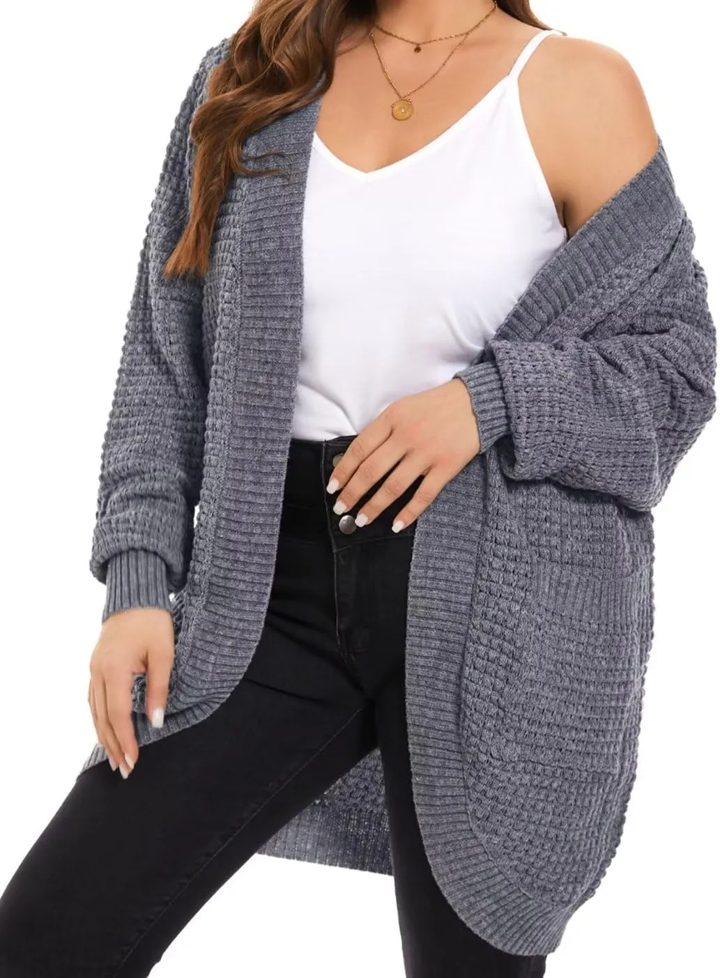 MONNURO Womens Plus Size Open Front Cardigan Waffle Knit Long Sleeve Sweaters Tops 2025 Fall Coat Outerwear with Pockets