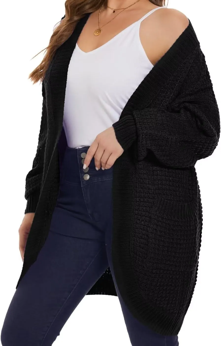 MONNURO Womens Plus Size Open Front Cardigan Waffle Knit Long Sleeve Sweaters Tops 2025 Fall Coat Outerwear with Pockets