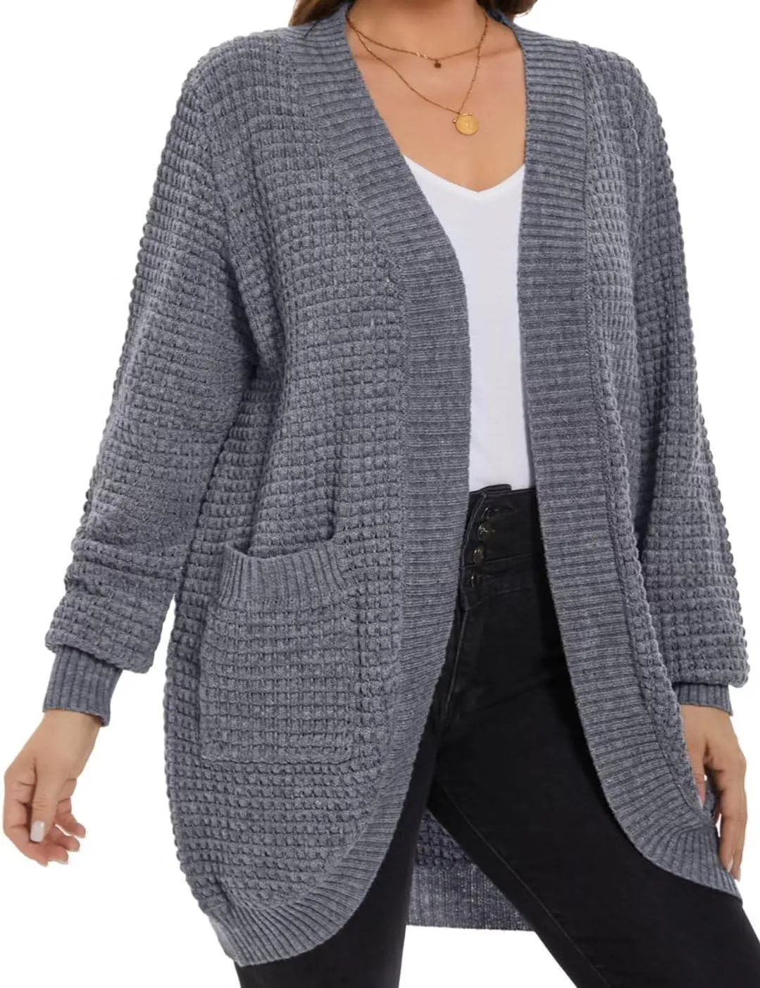 MONNURO Womens Plus Size Open Front Cardigan Waffle Knit Long Sleeve Sweaters Tops 2025 Fall Coat Outerwear with Pockets