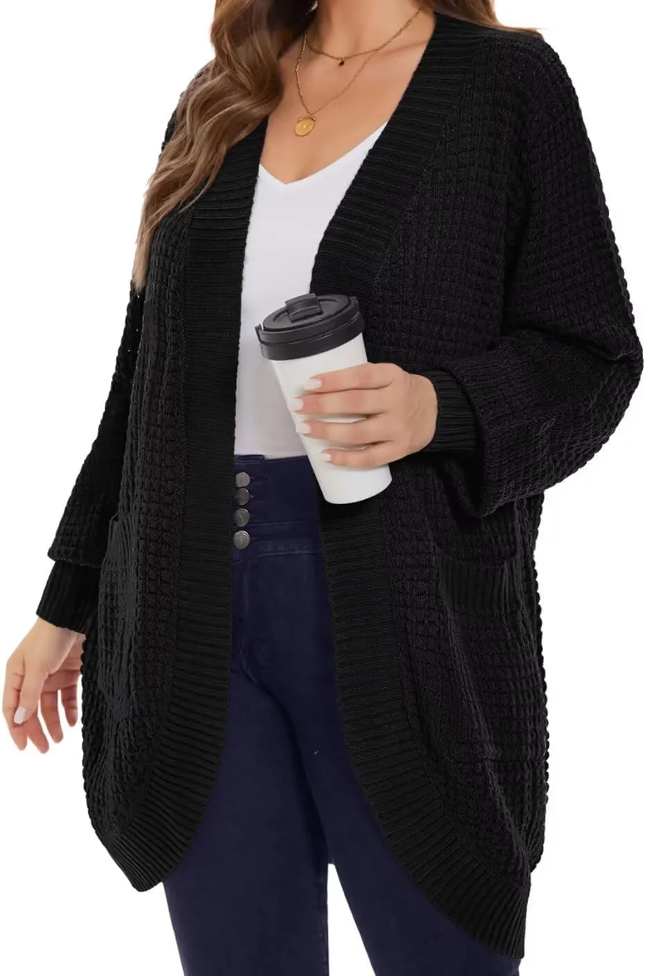 MONNURO Womens Plus Size Open Front Cardigan Waffle Knit Long Sleeve Sweaters Tops 2025 Fall Coat Outerwear with Pockets