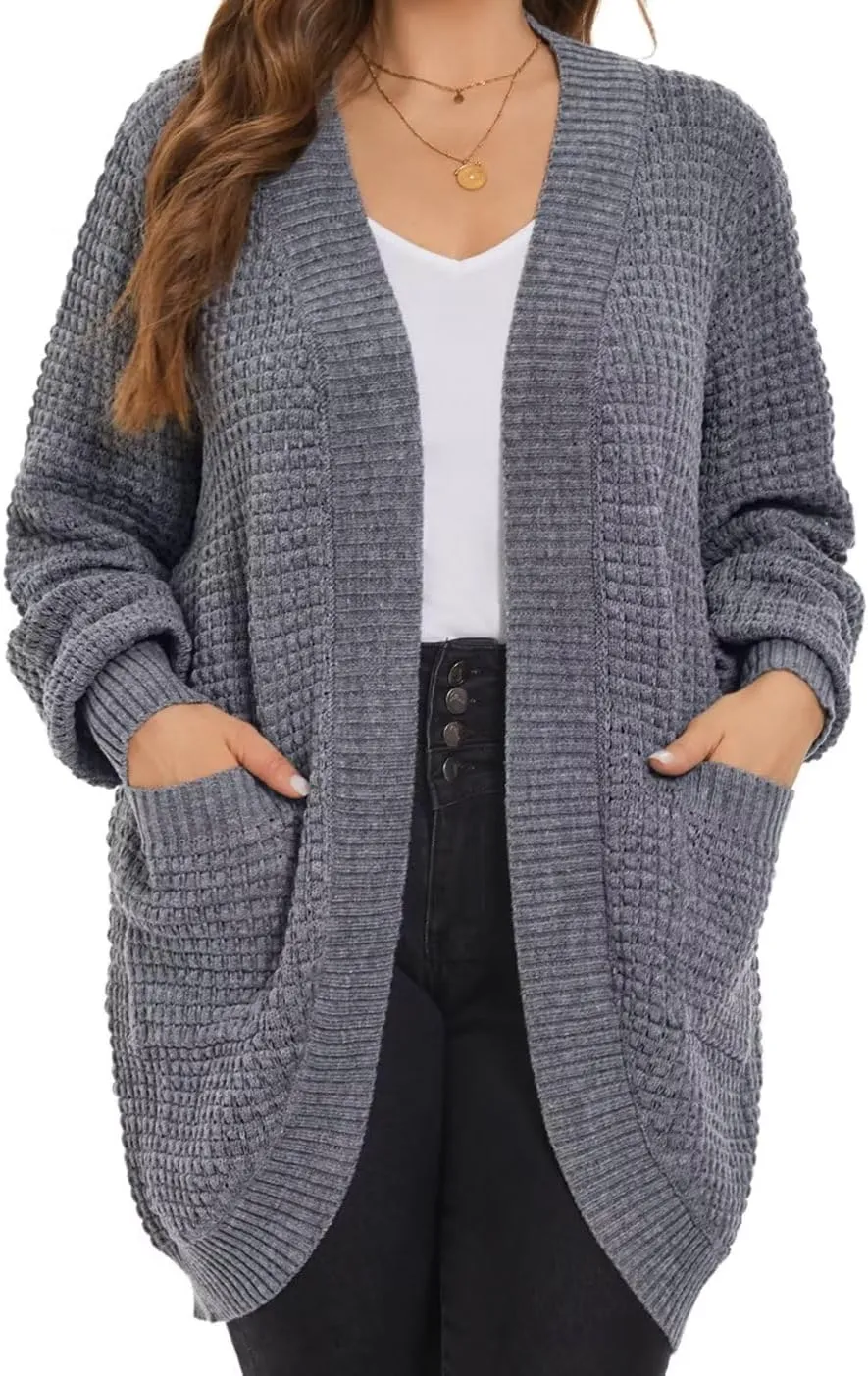 MONNURO Womens Plus Size Open Front Cardigan Waffle Knit Long Sleeve Sweaters Tops 2025 Fall Coat Outerwear with Pockets
