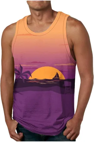 Muscularfit Big and Tall Graphic Tank Tops for Men Sleeveless Sunset Coconut Print Graphic Tee Shirts Casual Loose Pullover