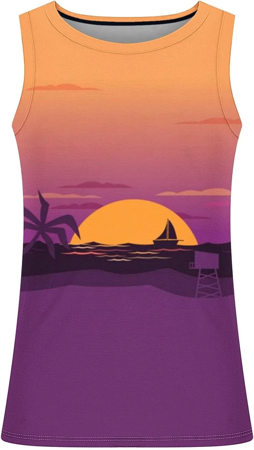 Muscularfit Big and Tall Graphic Tank Tops for Men Sleeveless Sunset Coconut Print Graphic Tee Shirts Casual Loose Pullover