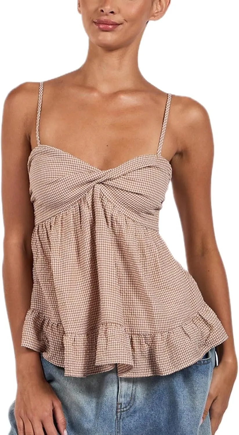 Mxiqqpltky Women Y2k Plaid Babydoll Tank Top Summer Spaghetti Strap Square Neck Ruffle Camisole Cute Flowy Hem Peplum Shirts