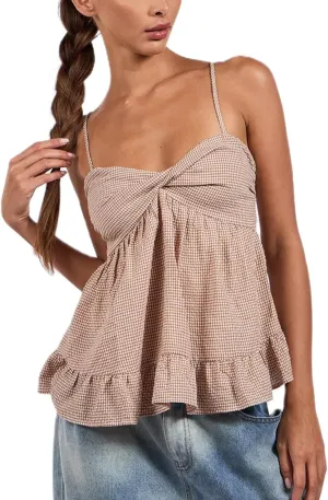Mxiqqpltky Women Y2k Plaid Babydoll Tank Top Summer Spaghetti Strap Square Neck Ruffle Camisole Cute Flowy Hem Peplum Shirts