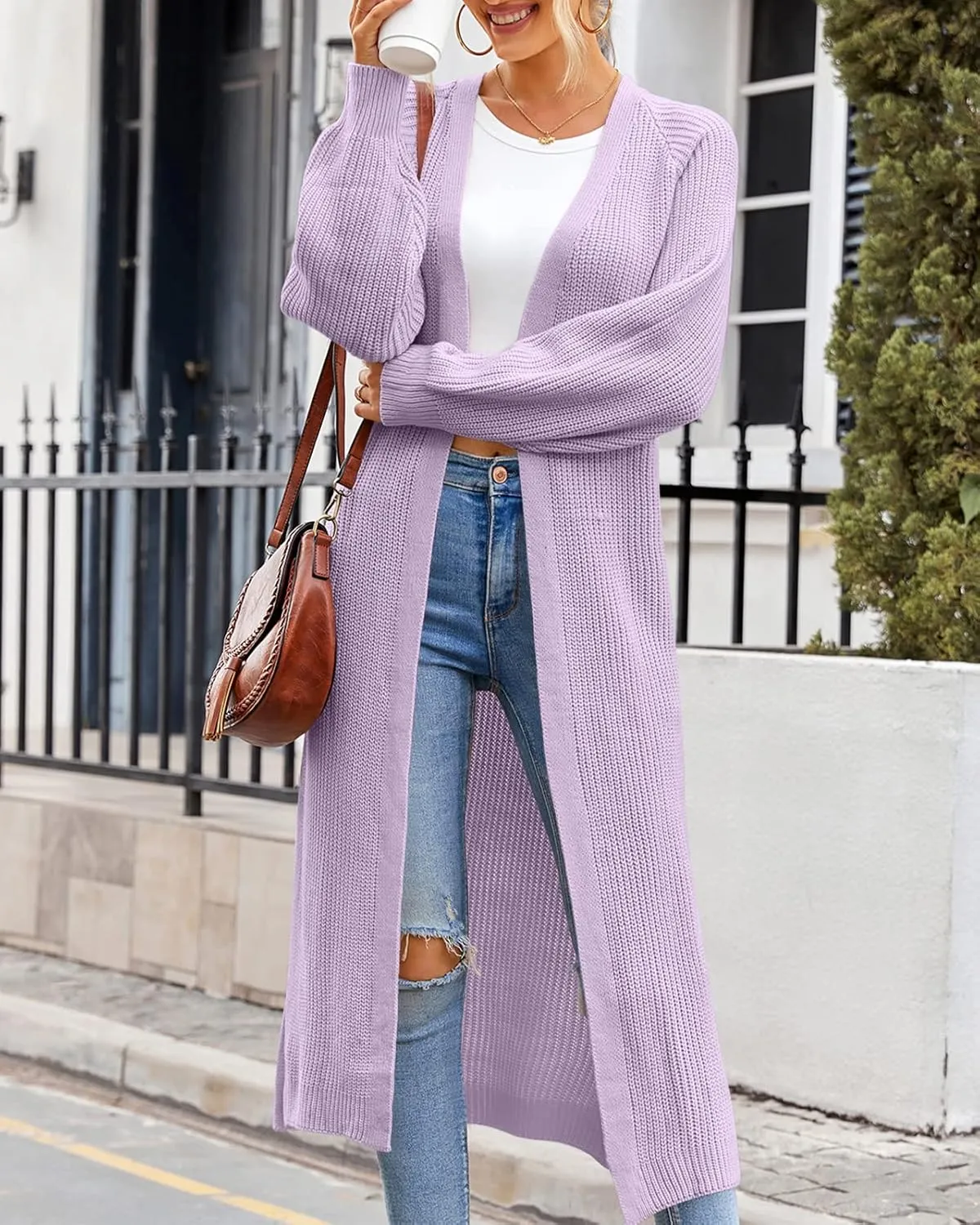 Newffr Women's Open Front Maxi Long Knitted Cardigan Solid Casual Loose Cable Sweater Coat Outwear