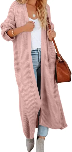 Newffr Women's Open Front Maxi Long Knitted Cardigan Solid Casual Loose Cable Sweater Coat Outwear