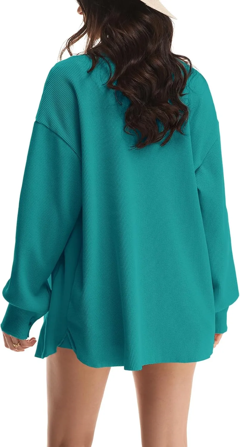 Nirovien Womens Waffle Knit Shacket Oversized Button Down Shirt Jacket Lightweight Spring Outfits Clothes