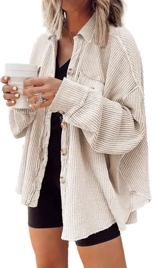 Nirovien Womens Waffle Knit Shacket Oversized Button Down Shirt Jacket Lightweight Spring Outfits Clothes