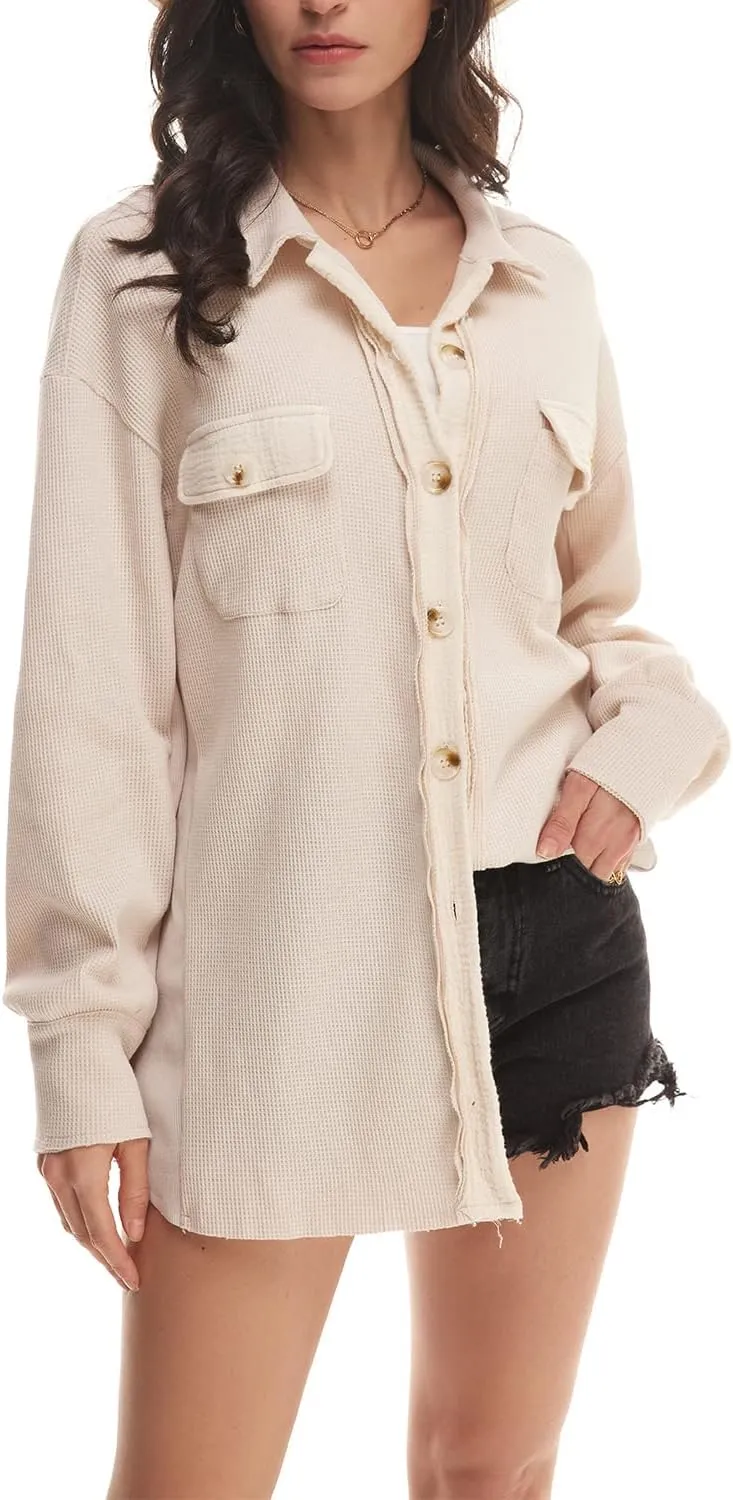 Nirovien Womens Waffle Knit Shacket Oversized Button Down Shirt Jacket Lightweight Spring Outfits Clothes
