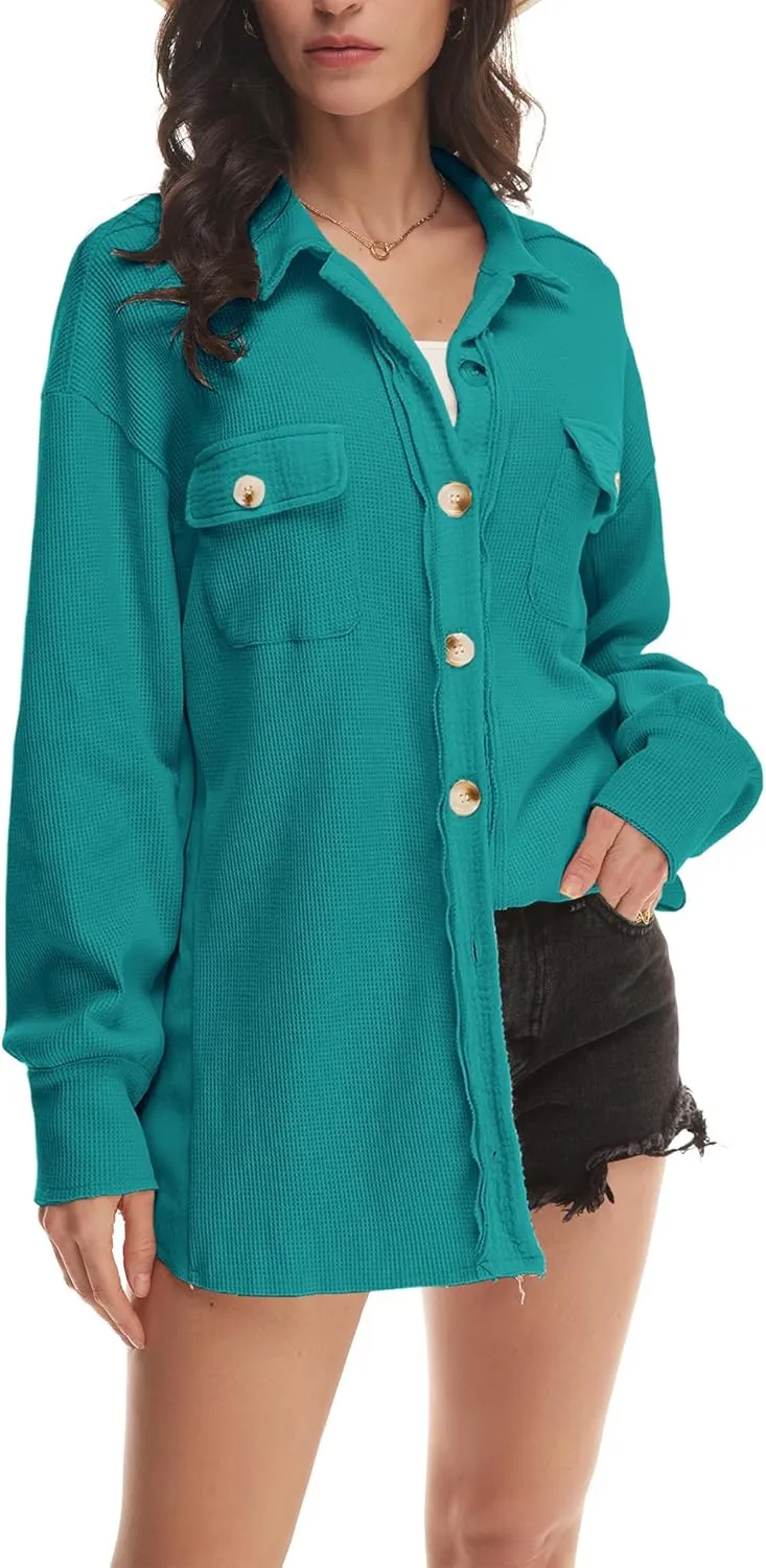 Nirovien Womens Waffle Knit Shacket Oversized Button Down Shirt Jacket Lightweight Spring Outfits Clothes