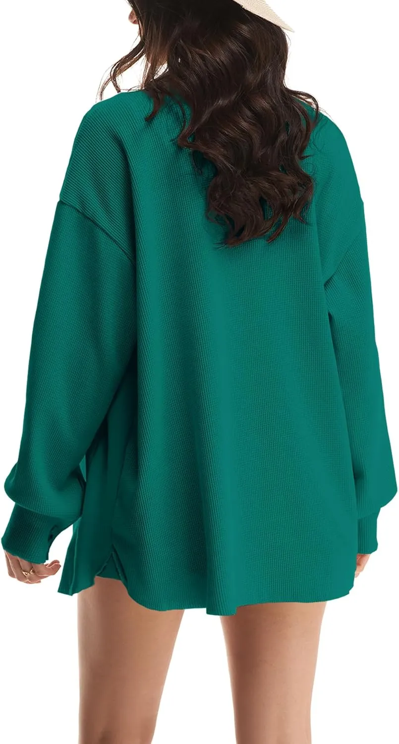 Nirovien Womens Waffle Knit Shacket Oversized Button Down Shirt Jacket Lightweight Spring Outfits Clothes
