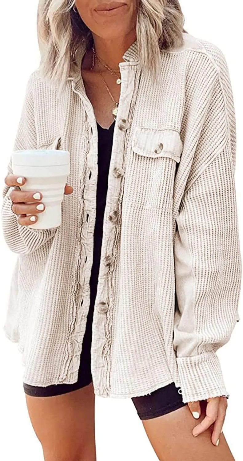 Nirovien Womens Waffle Knit Shacket Oversized Button Down Shirt Jacket Lightweight Spring Outfits Clothes
