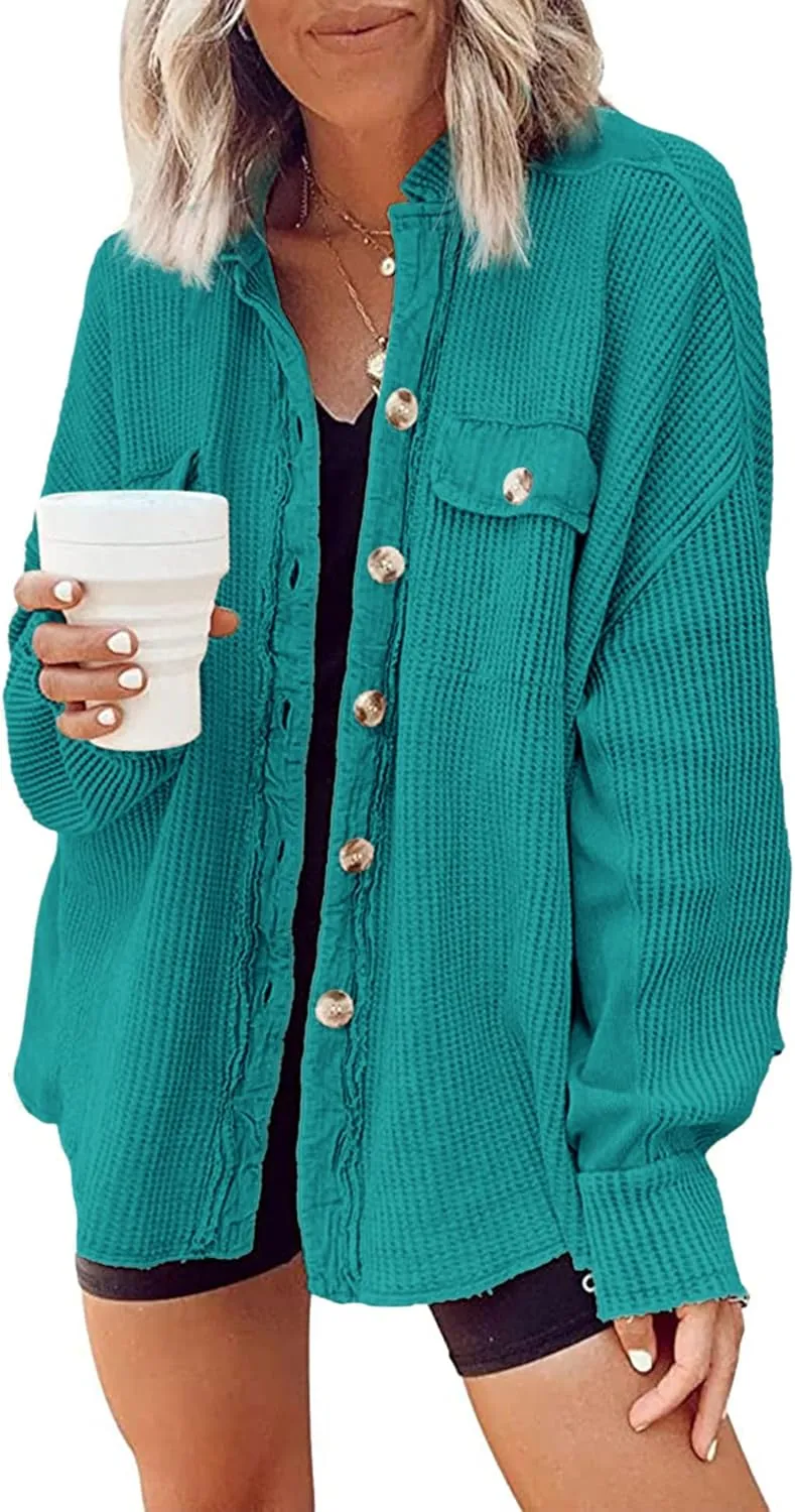 Nirovien Womens Waffle Knit Shacket Oversized Button Down Shirt Jacket Lightweight Spring Outfits Clothes