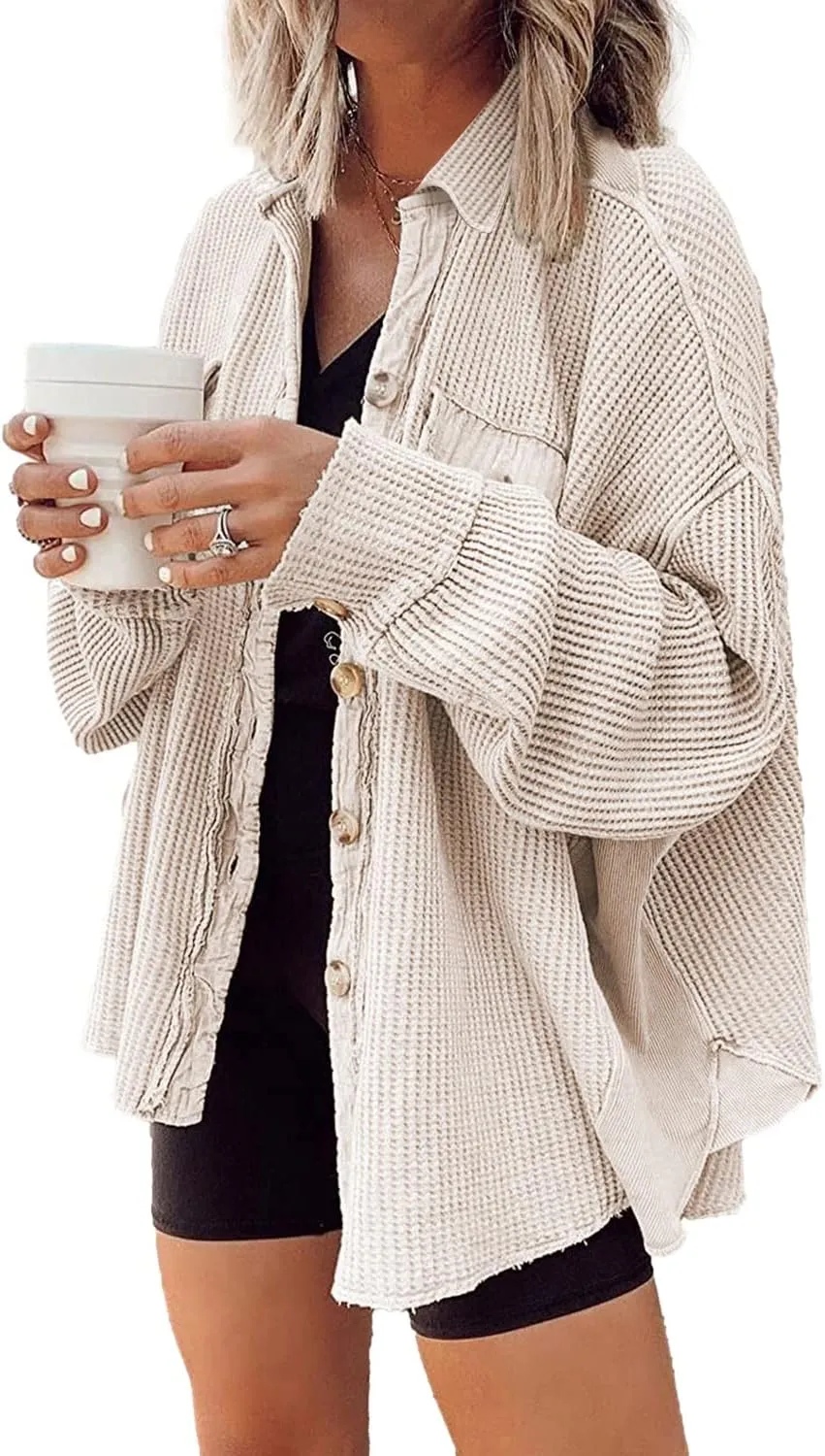 Nirovien Womens Waffle Knit Shacket Oversized Button Down Shirt Jacket Lightweight Spring Outfits Clothes