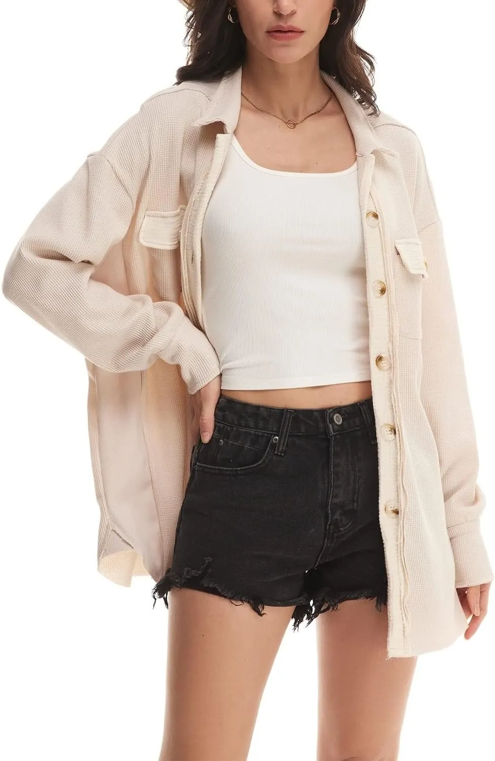 Nirovien Womens Waffle Knit Shacket Oversized Button Down Shirt Jacket Lightweight Spring Outfits Clothes