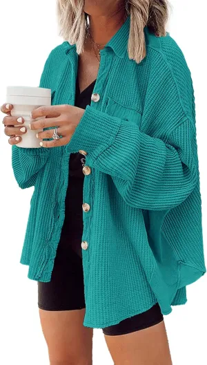 Nirovien Womens Waffle Knit Shacket Oversized Button Down Shirt Jacket Lightweight Spring Outfits Clothes