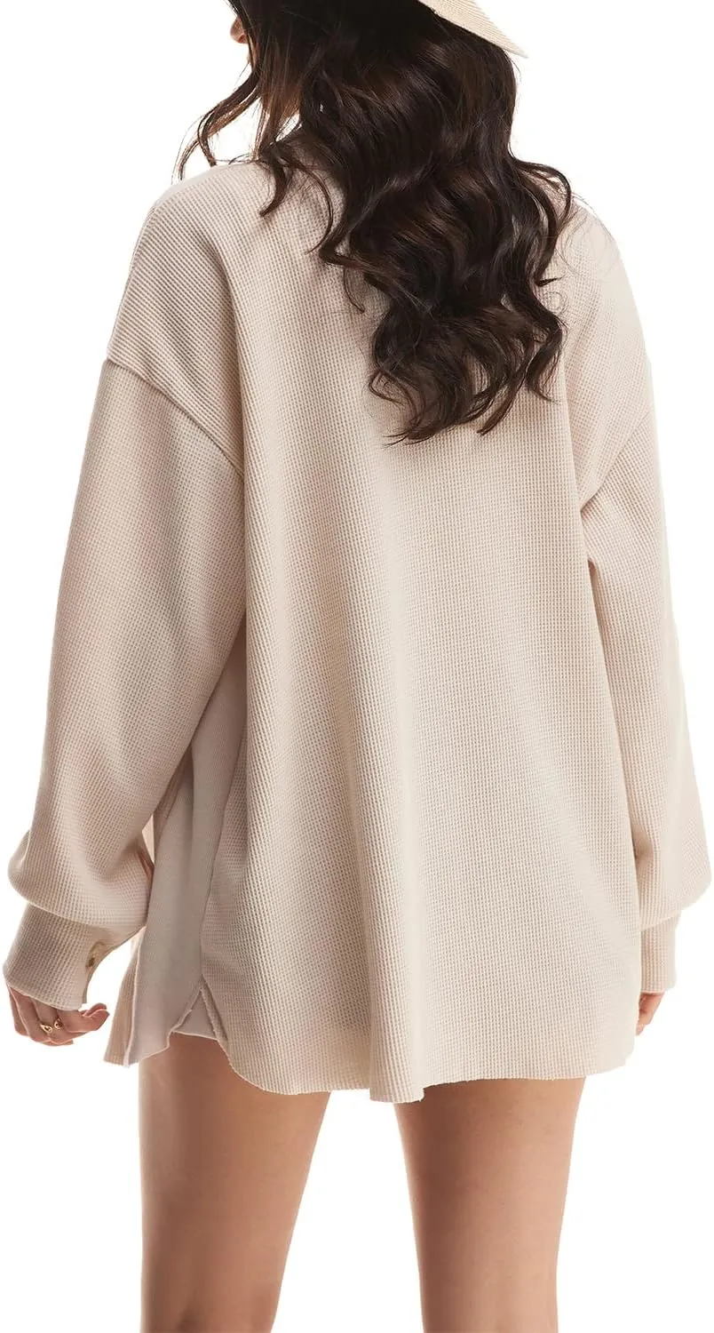 Nirovien Womens Waffle Knit Shacket Oversized Button Down Shirt Jacket Lightweight Spring Outfits Clothes