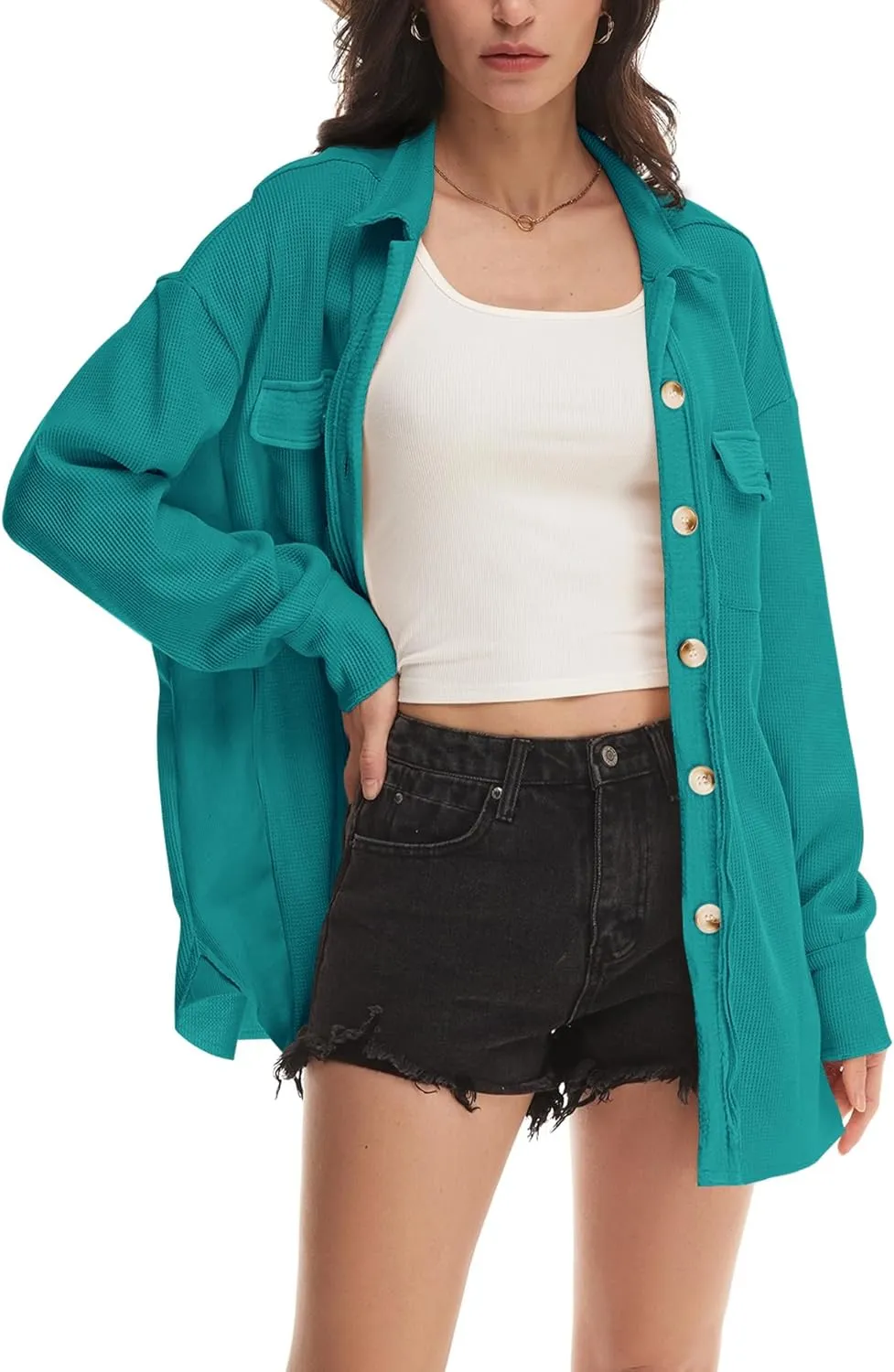 Nirovien Womens Waffle Knit Shacket Oversized Button Down Shirt Jacket Lightweight Spring Outfits Clothes