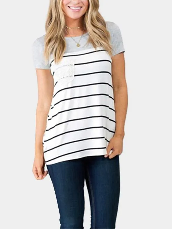OEM ODM Round Neck Stripe Lace Short Sleeve Grey T-Shirts