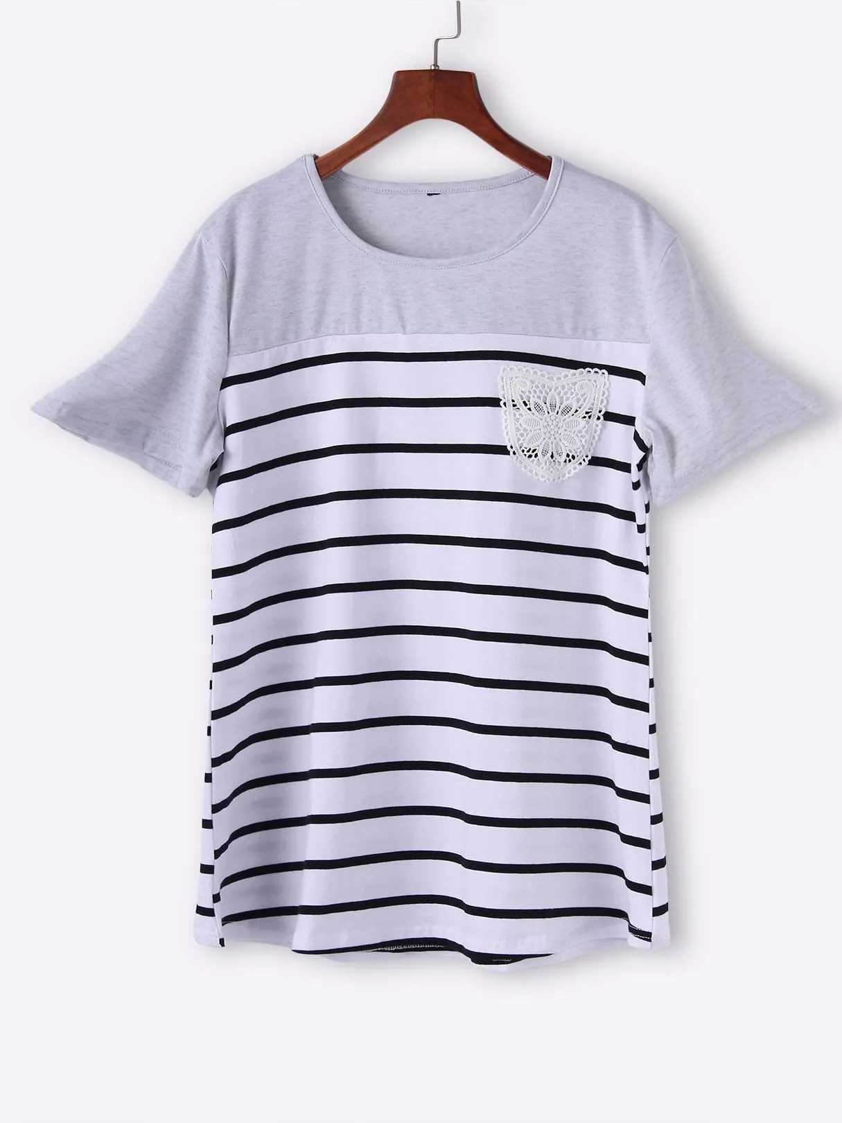 OEM ODM Round Neck Stripe Lace Short Sleeve Grey T-Shirts