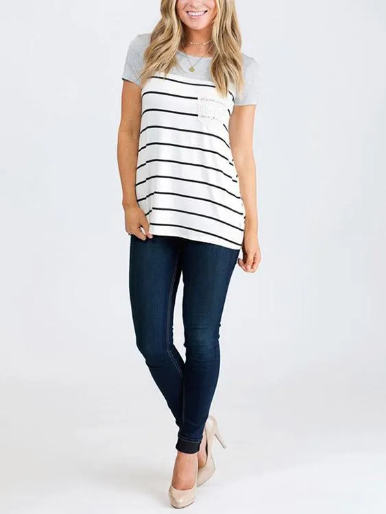 OEM ODM Round Neck Stripe Lace Short Sleeve Grey T-Shirts