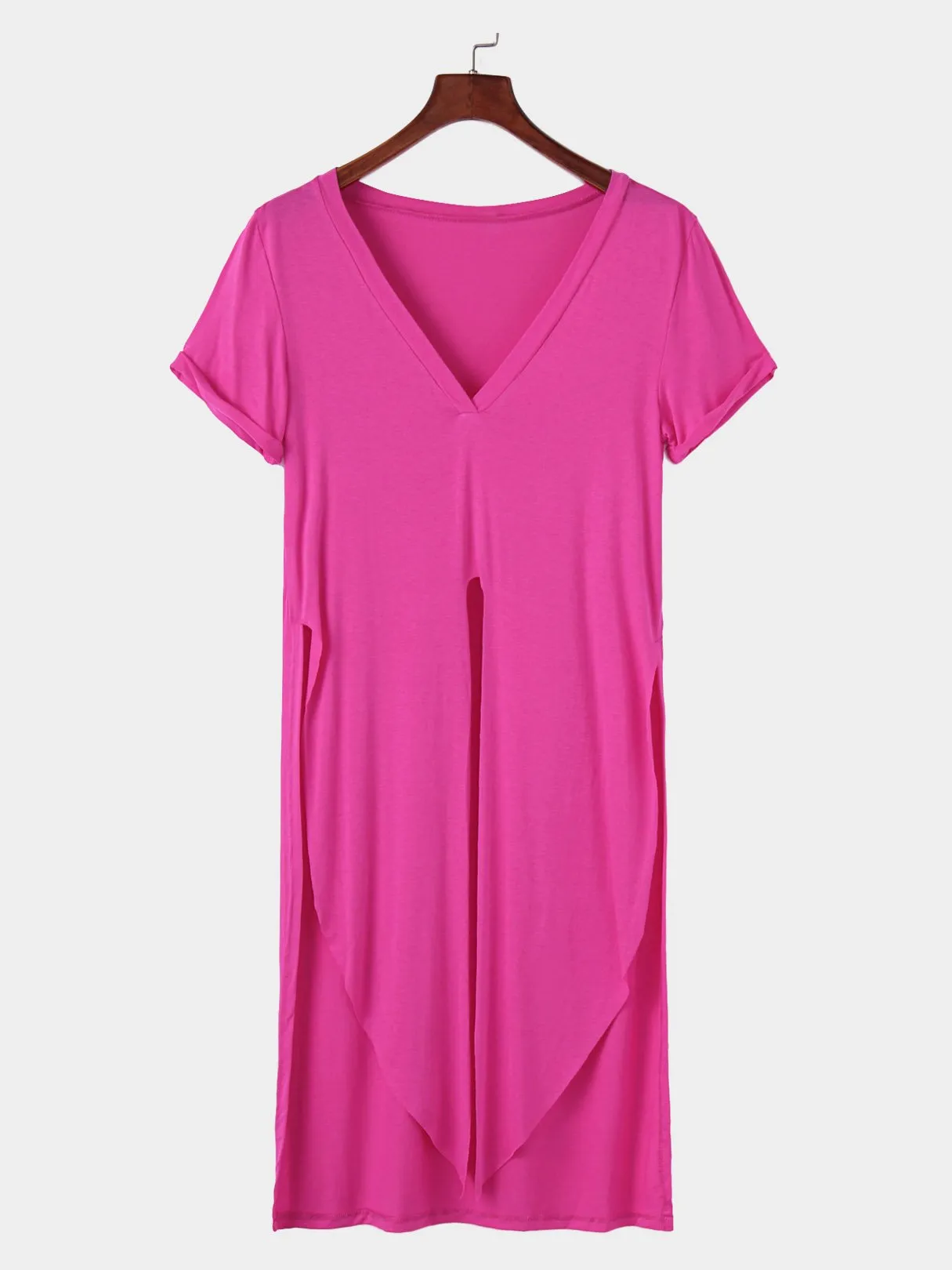 OEM ODM V-Neck Short Sleeve Slit Hem Rose T-Shirts